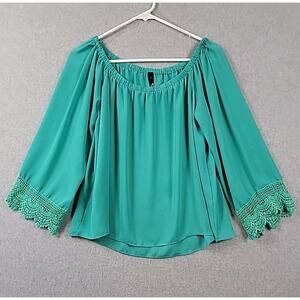 ing Green LS Crochet Cuff Round Neck Peasant Blouse Women's Medium USA Made